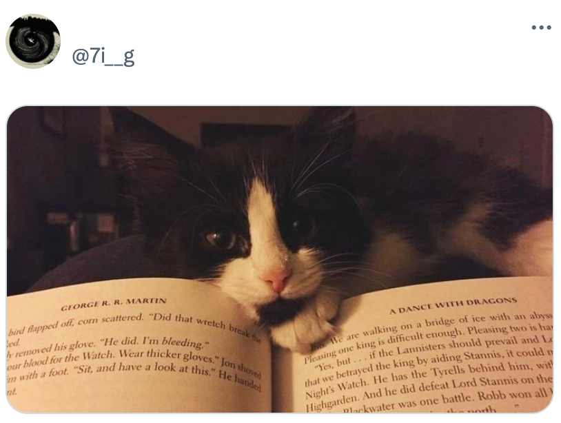 Kucing bersandar pada buku terbuka, sebagian menutupi teks. Halaman menampilkan teks dari 