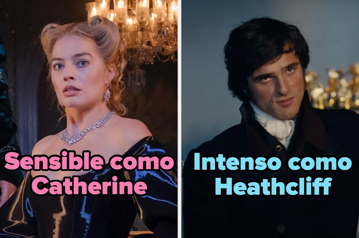Dos personas posan; la mujer lleva vestido elegante y collar llamativo, el hombre viste traje formal. Texto: "Sensible como Catherine, Intenso como Heathcliff"