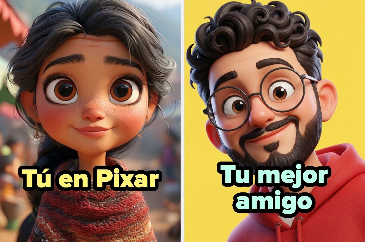 Personaje animado estilo Pixar sonriente al lado de ilustración de amigo con gafas y barba, ambos en imágenes lado a lado. Texto: "Tú en Pixar, Tu mejor amigo"