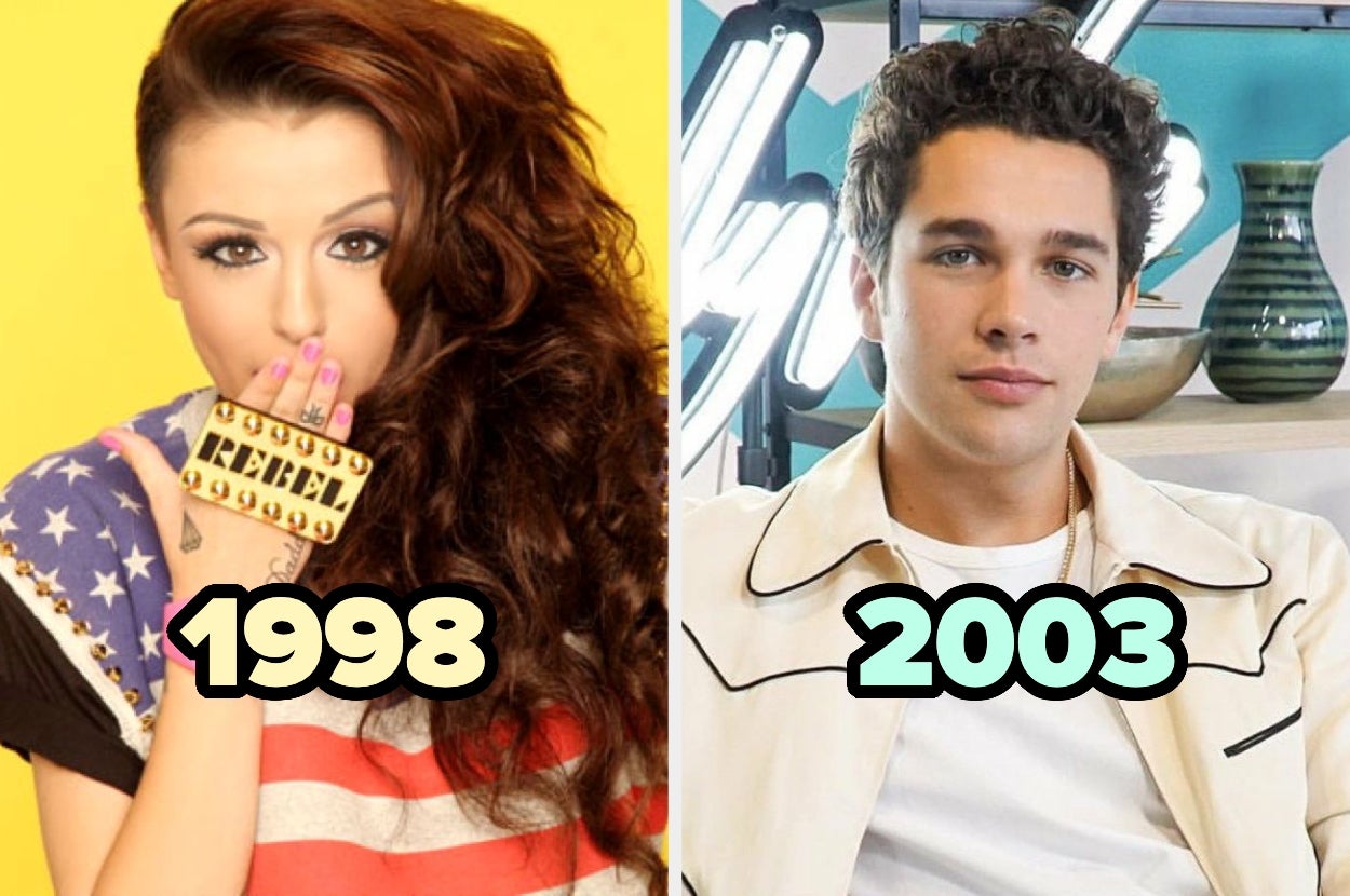 Dúo de fotos comparativas de dos celebridades jóvenes, una de 1998 con estilo audaz y otra de 2003 con atuendo casual. Texto grande "1998" y "2003"