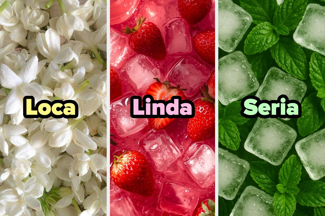 Flores blancas con "Loca," fresas y hielo con "Linda," hojas de menta y hielo con "Seria."