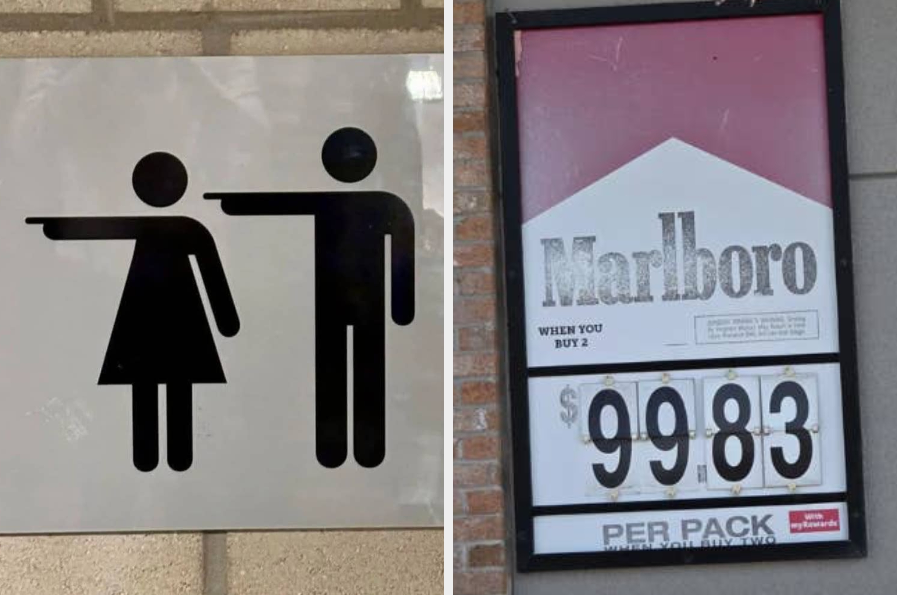 Sign showing "Tony's Assorted Pizza $2.58" with pizzas below and another sign for Marlboro cigarettes at $9.83 per pack when buying two