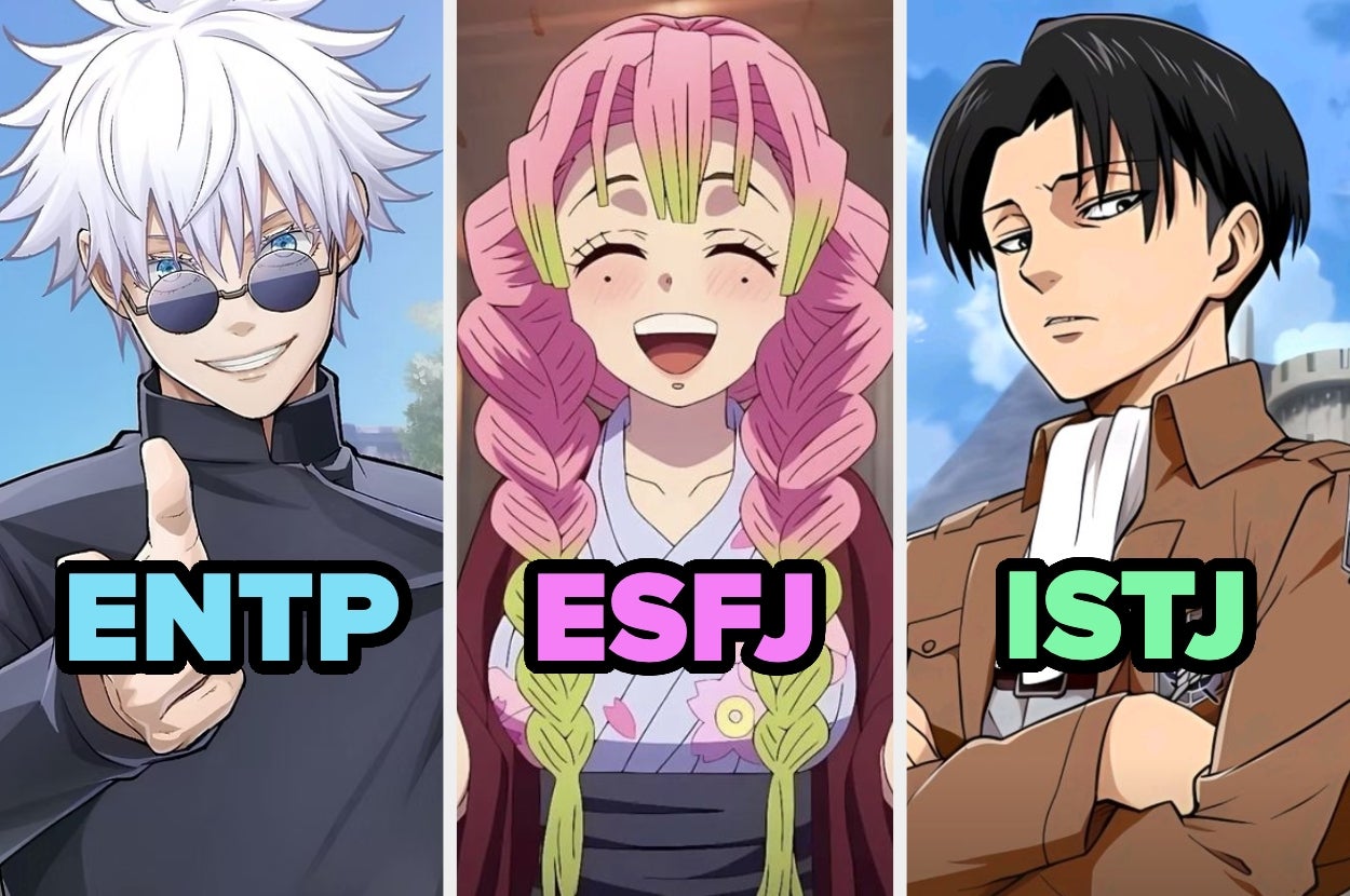 Tres personajes de anime con etiquetas de personalidad: ENTP, ESFJ, ISTJ