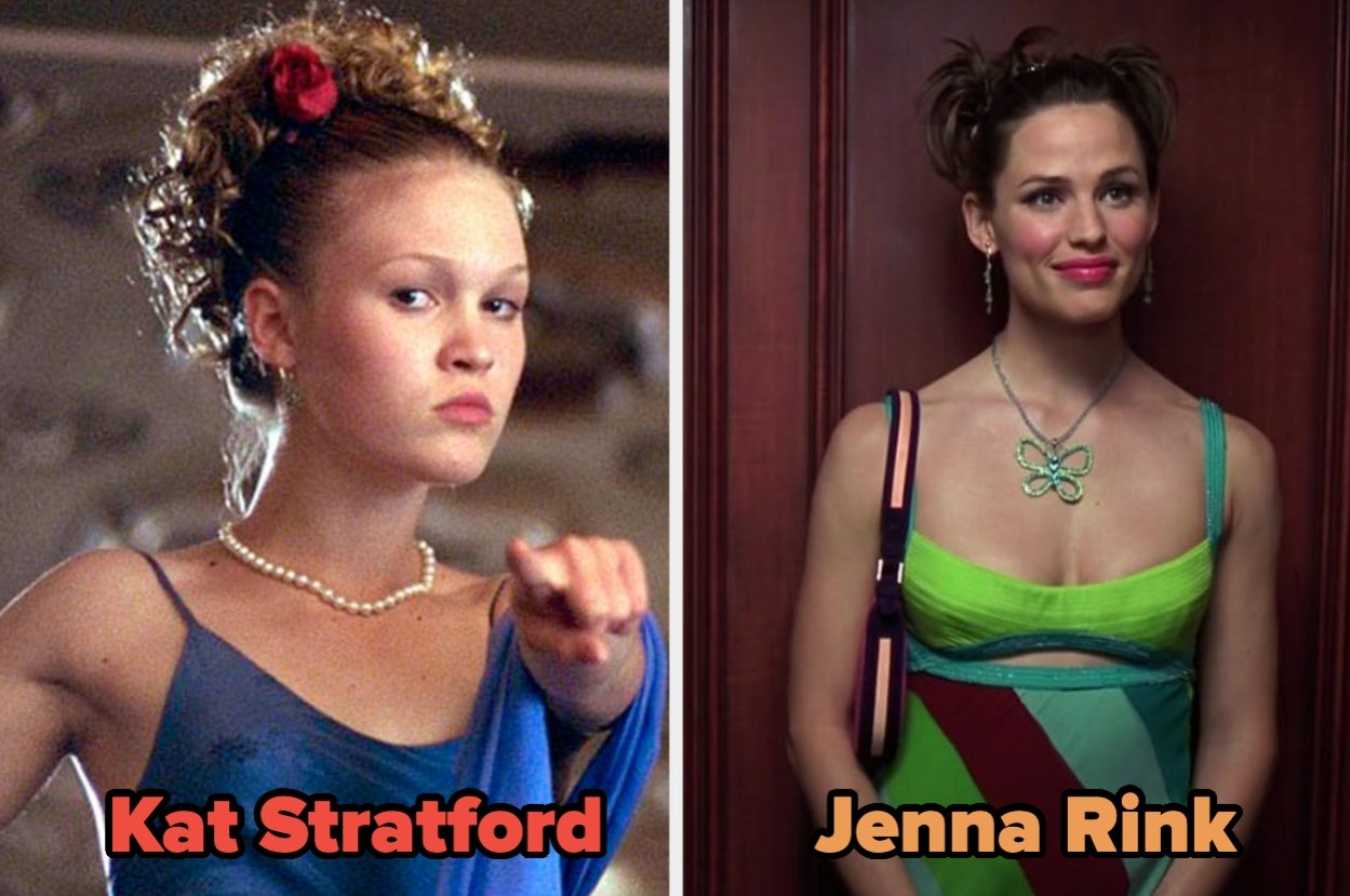 Split image of two characters: left, Kat Stratford pointing; right, Jenna Rink smiling. Both have styled hair and wear dresses. Names are shown