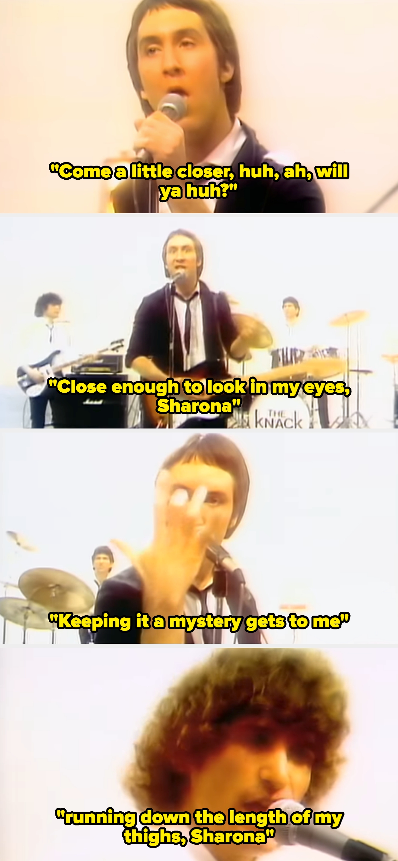 Two singers execute  passionately, singing lyrics from "My Sharona."