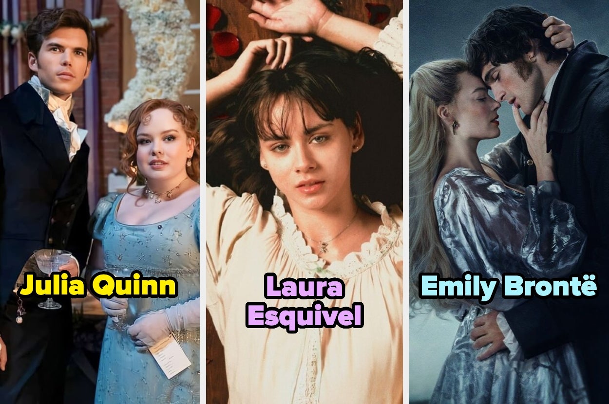 Tres imágenes de adaptaciones literarias: 1. Personajes de época con vestimenta formal. 2. Joven con expresión pensativa. 3. Pareja en abrazo romántico