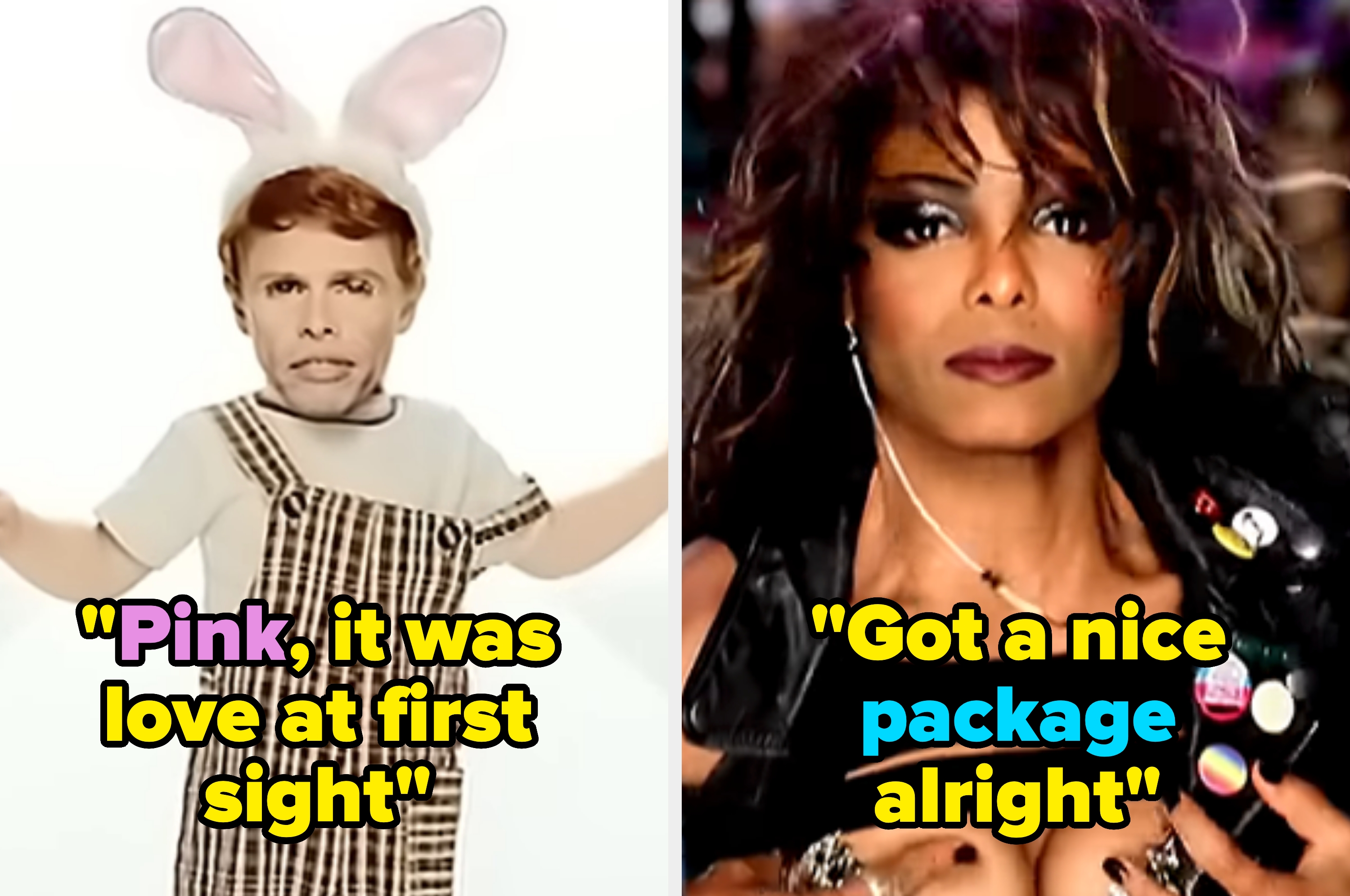 On the left, a person in bunny ears and checkered overalls; on the right, a person in a bold leather outfit with badges, both in a music-themed setting