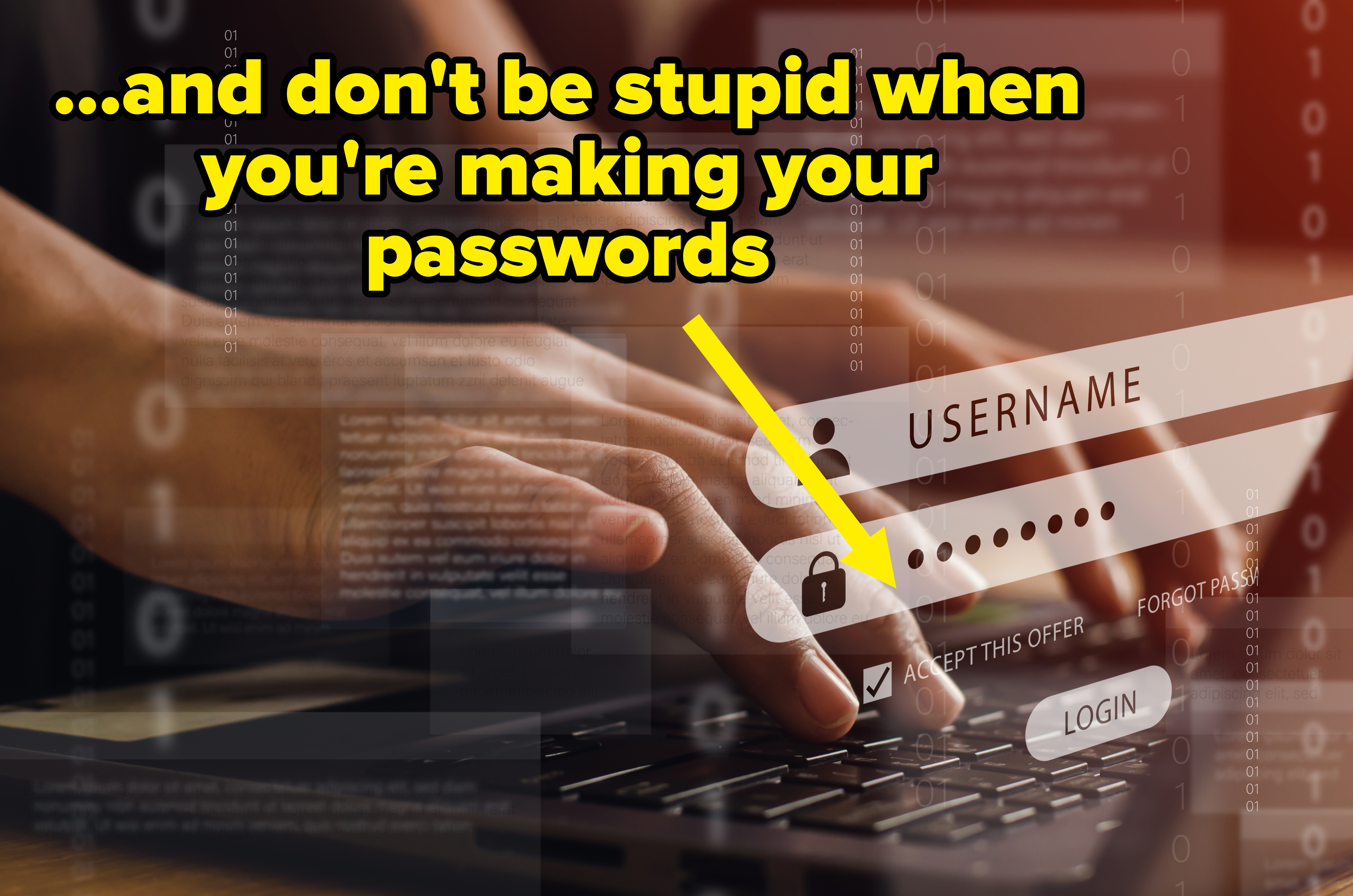 Hender som skriver på en bærbar datamaskin med flytende påloggingsgrafikk som viser brukernavn og passordfelt