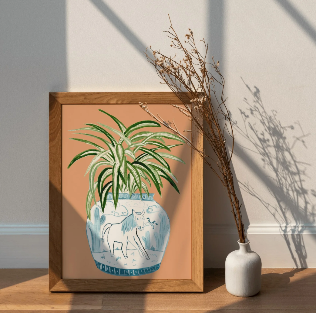 Framed works  illustration adjacent  to a tiny  vase with adust  branches, casting shadows successful  a sunlit room