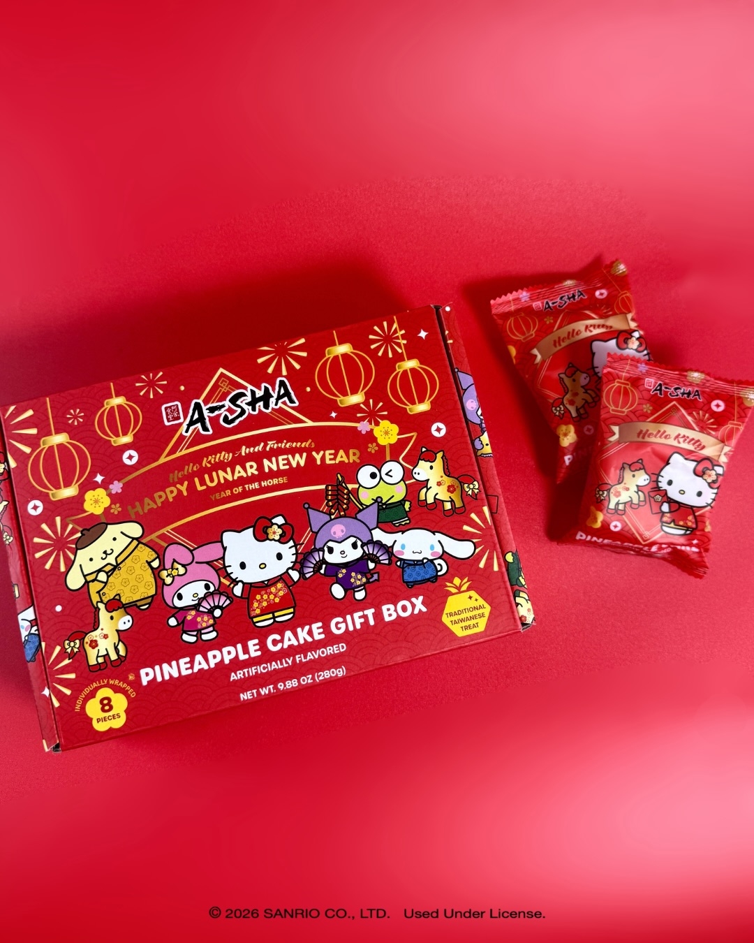Hello Kitty-themed pineapple barroom   acquisition  container  with festive Lunar New Year design, including respective  individually wrapped cakes
