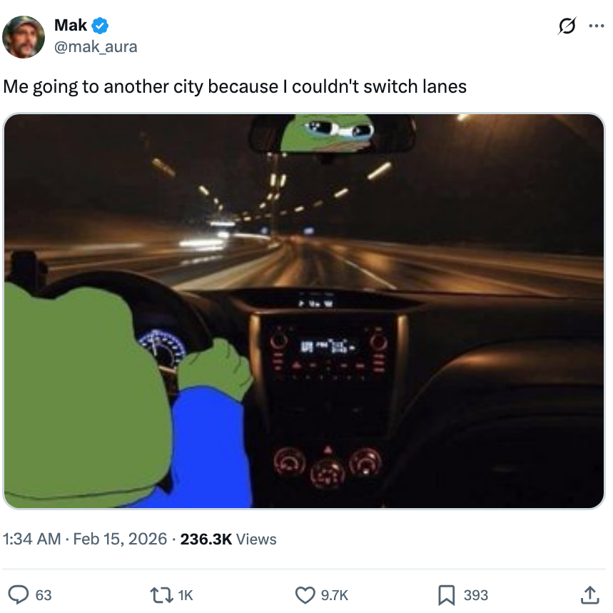 Illustration of a cartoon frog driving a car   astatine  nighttime  connected  a highway, captioned with a humorous tweet astir  not switching lanes
