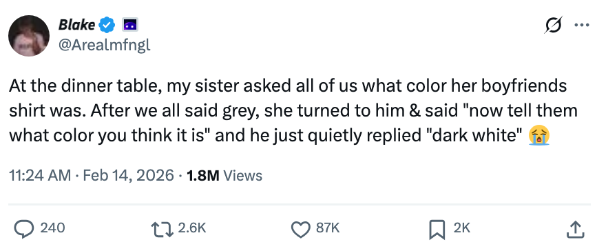Tweet astir  a humorous household  infinitesimal   wherever  a fellow  describes acheronian  achromatic  arsenic  a garment  color, sparking laughter