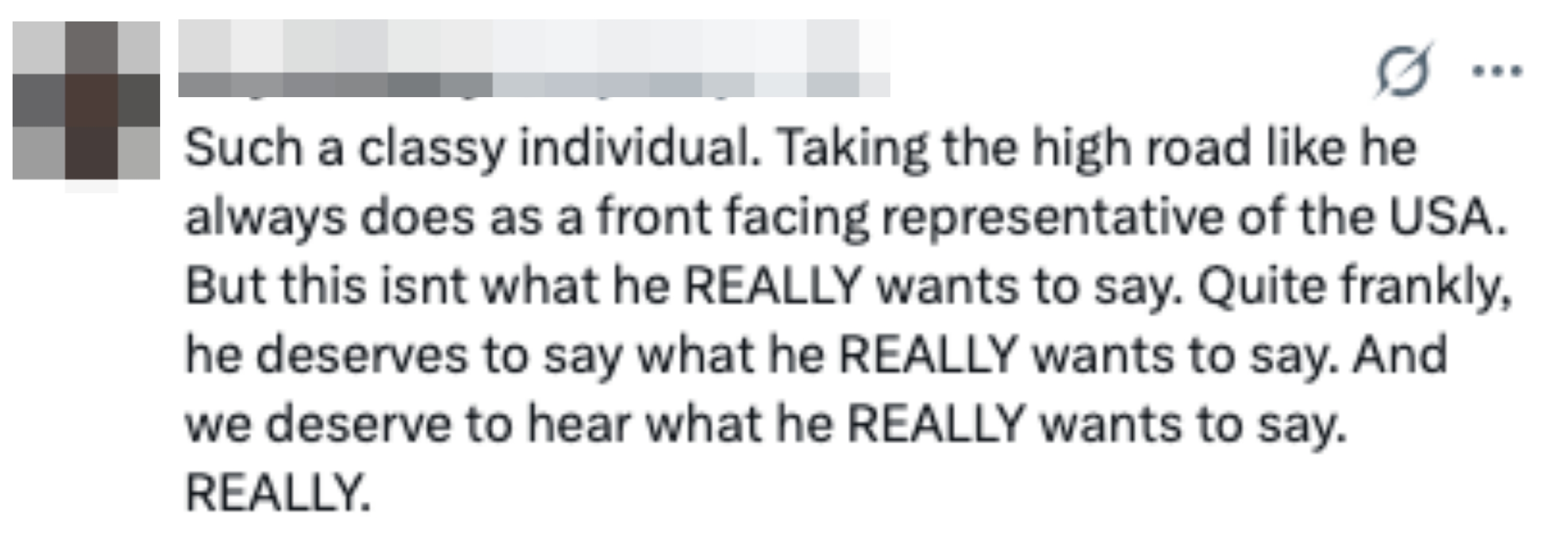 Tweet praising an individual's classy demeanor and advocating for honorable expression