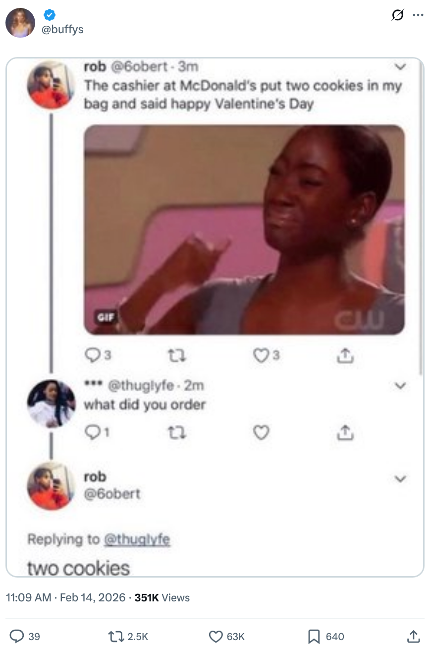 A viral tweet astir  receiving other  cookies from McDonald's for Valentine's Day, with a humorous follow-up reply