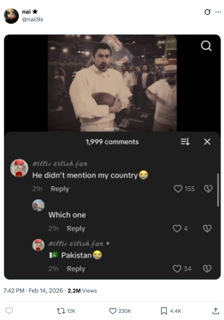 Bad Bunny holding a shot   astatine  the Super Bowl, with a screenshot revealing a humorous remark  speech   astir  a state  mention, highlighting Pakistan