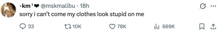 Tweet saying, "sorry one  can’t travel  my apparel  look   anserine  connected  me" with engagement icons below