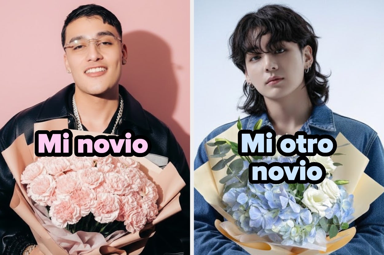 Dos personas sostienen ramos de flores. Texto: "Mi novio" a la izquierda con flores rosas, "Mi otro novio" a la derecha con flores azules