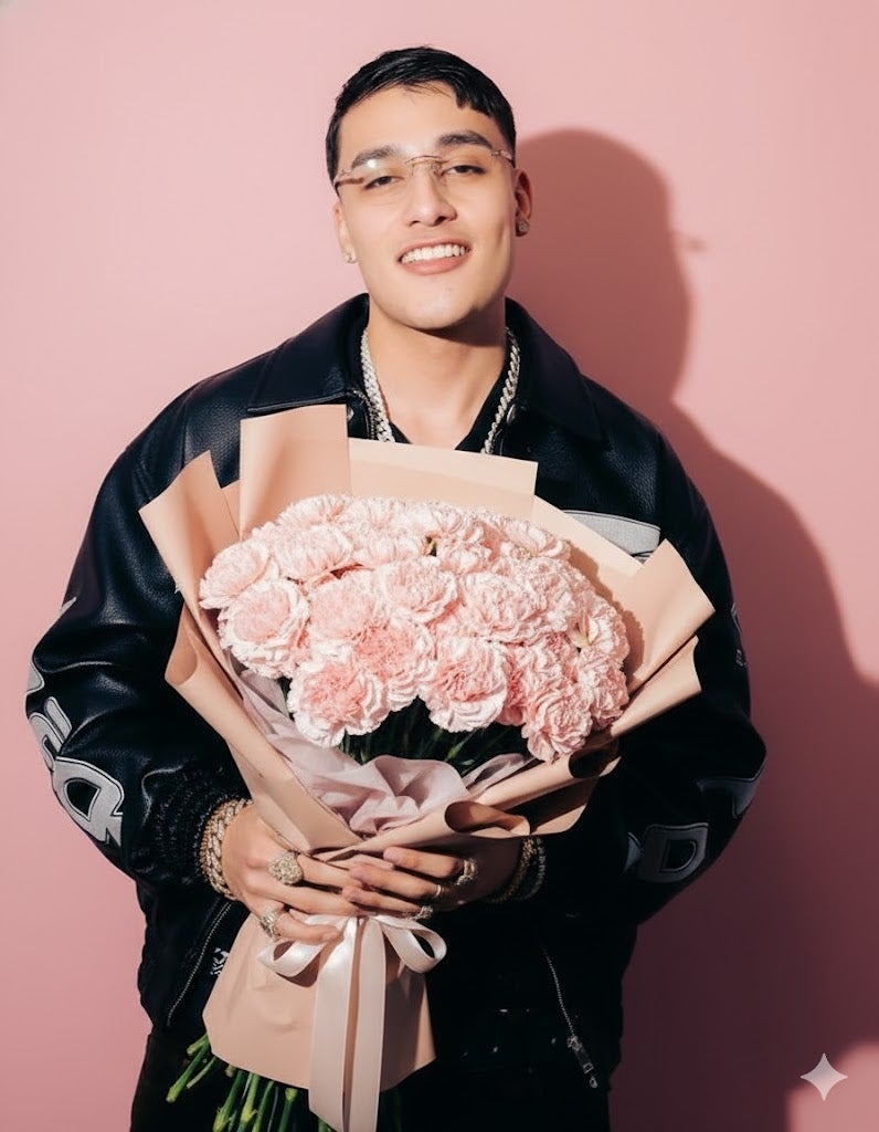 Persona sonriente con gafas sostiene ramo de flores, viste chaqueta de estilo urbano. Fondo liso