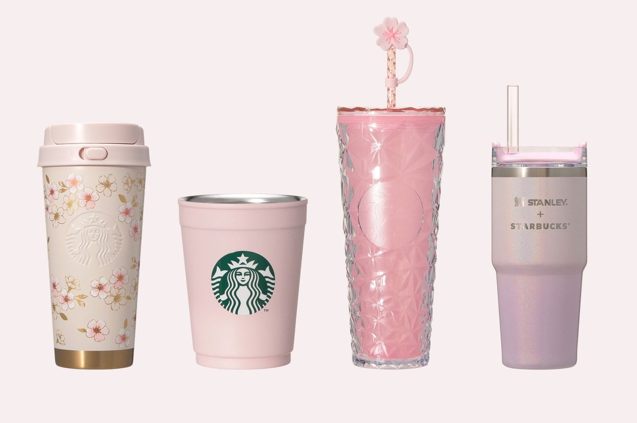 4種類のスターバックスのピンク系タンブラーとカップが並べられた画像です。