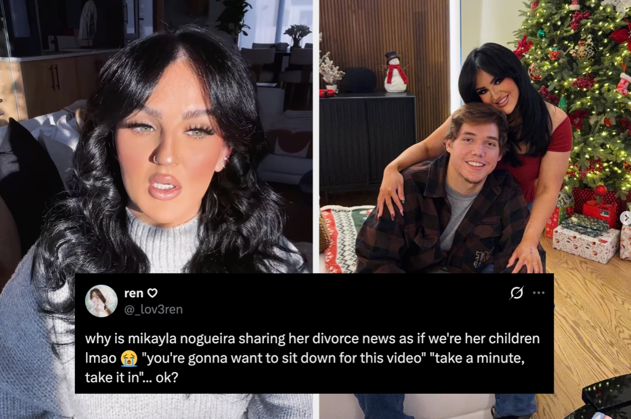 Left: Person speaking. Right: Person posing with another by a Christmas tree. Tweet overlay expresses surprise about Mikayla Nogueira's divorce news