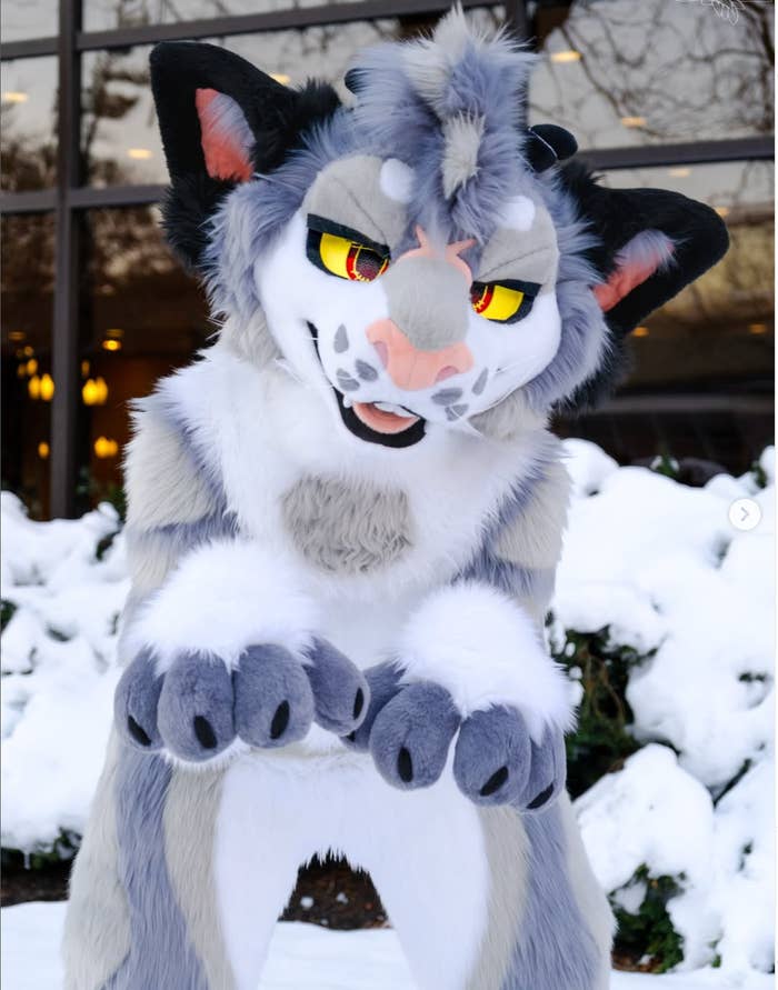 Una persona disfrazada de lobo sonriente posa al aire libre, rodeada de nieve