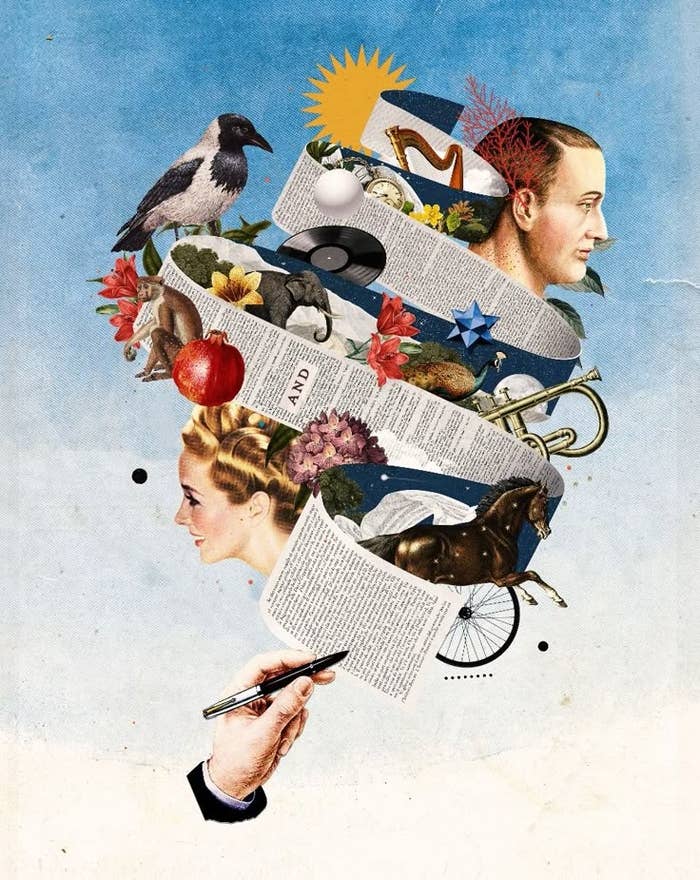 Collage surrealista con dos figuras humanas, objetos como frutas, cuervos, flores y un gramófono emergiendo de sus cabezas sobre un fondo azul