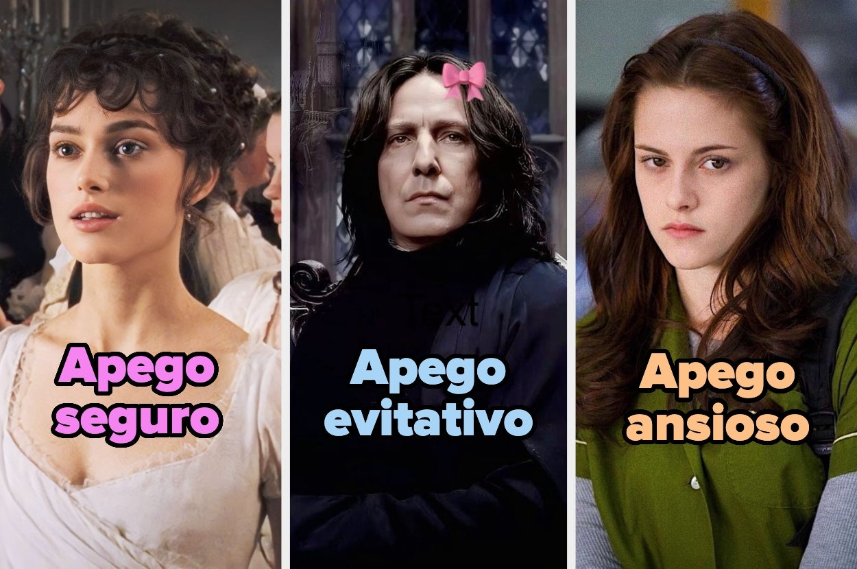 Tres personajes ficticios con expresiones faciales neutras, representando estilos de apego: seguro, evitativo y ansioso