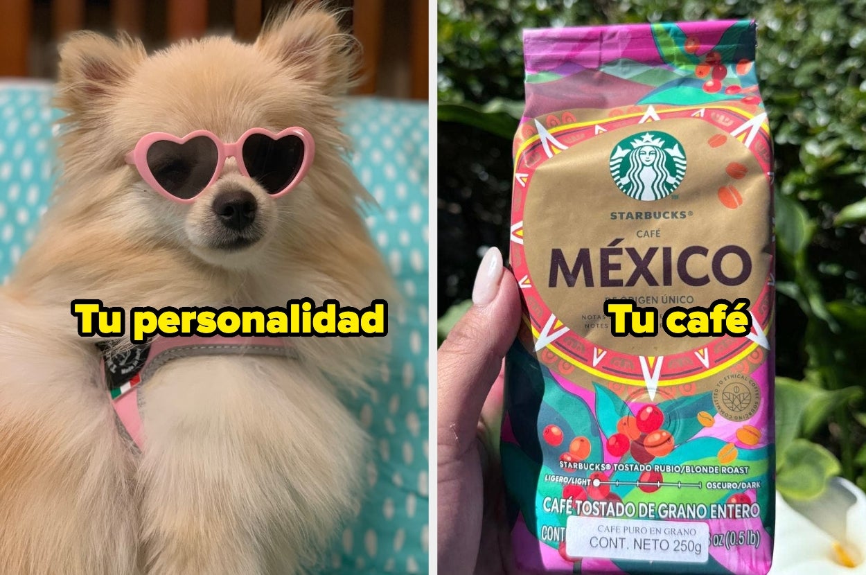 Un perro con gafas de sol junto a un paquete de café mexicano; texto humorístico: "Tu personalidad" / "Tu café"
