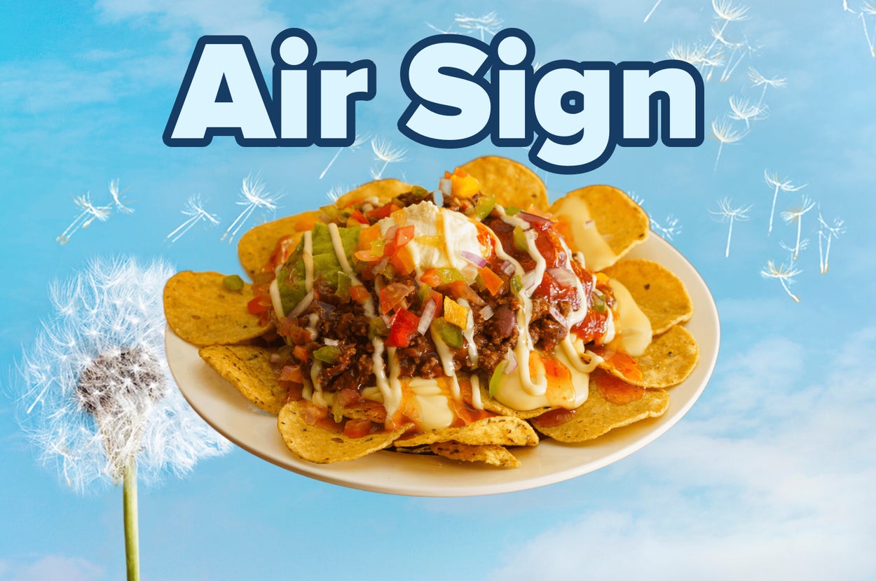 A plate of nachos with various toppings, set against a background featuring dandelions and the words "Air Sign."