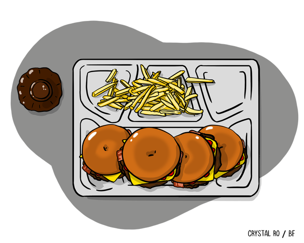 A cafeteria tray holds 3  cheeseburgers, fries, and a drink
