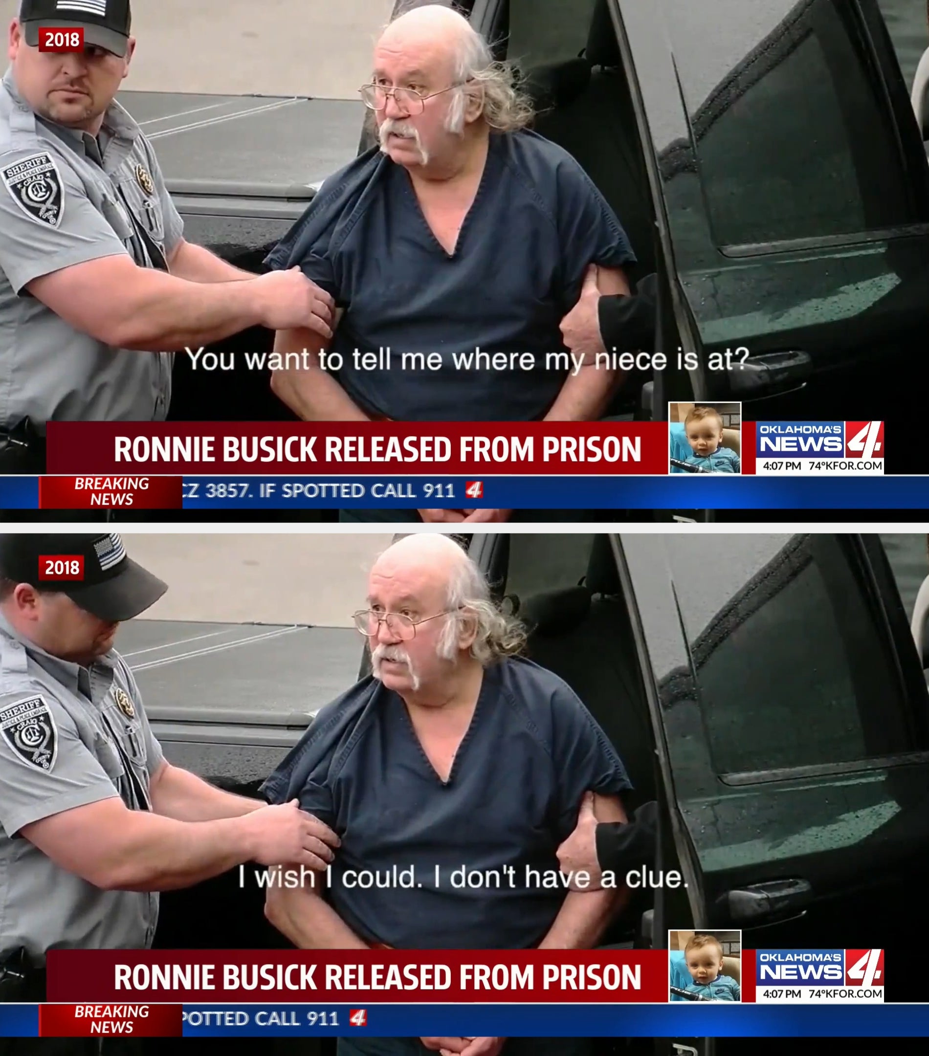 A antheral   successful  a situation  azygous   speaks to a constabulary  officer; quality    header  reads "Ronnie Busick Released from Prison."