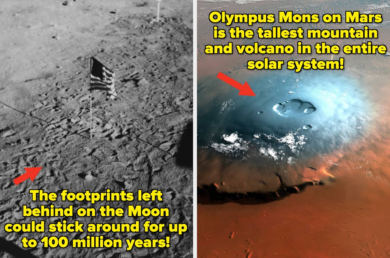 Left: Moon with footprints and U.S. flag; footprints may last millions of years. Right: Mars with largest solar system mountain/volcano labeled