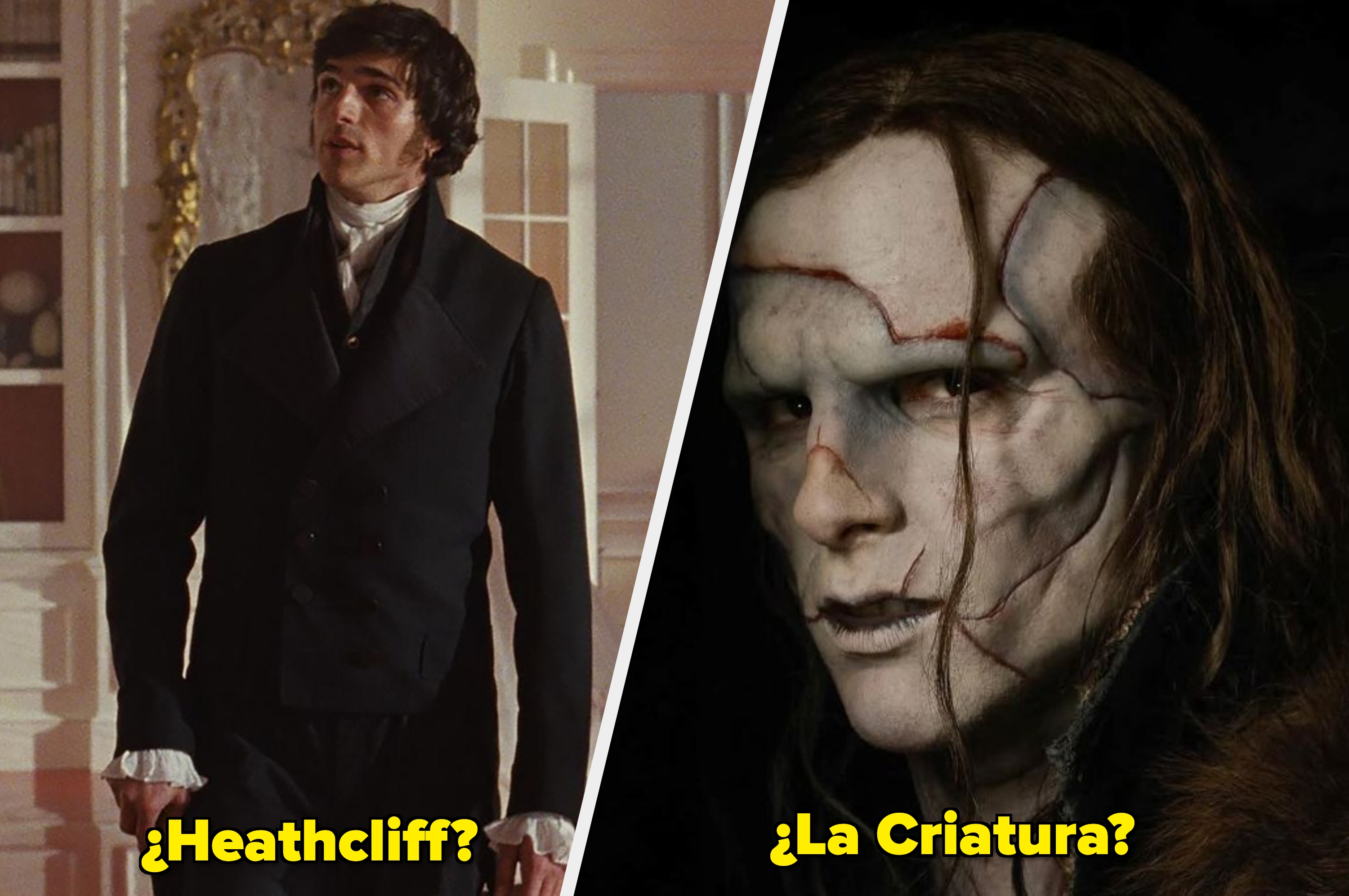 Two contrasting images: one shows a person on horseback, the other shows a creature with a stitched face. Text asks if they depict Heathcliff or La Criatura