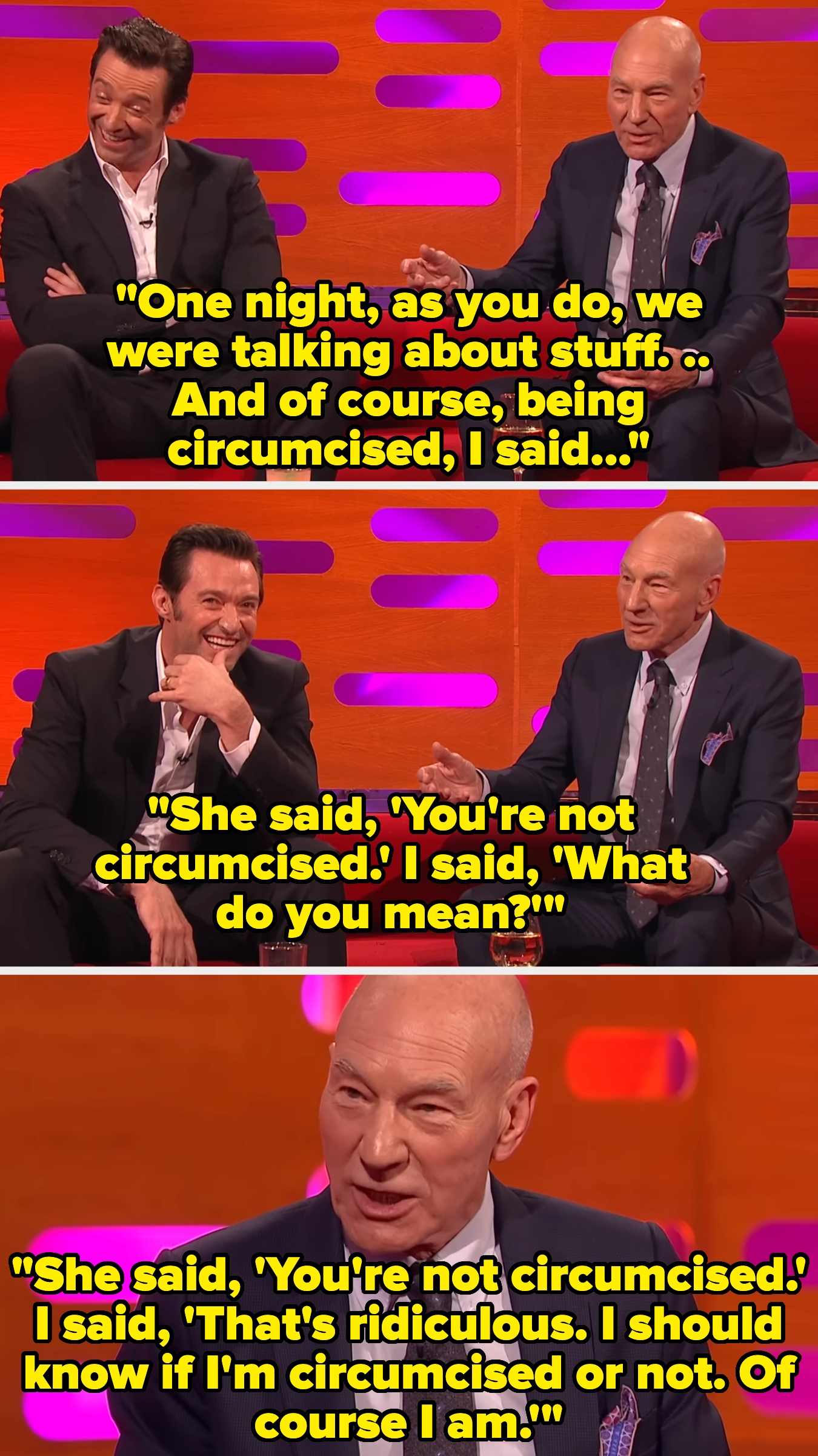 Hugh Jackman and Patrick Stewart stock  a humorous anecdote connected  a speech   amusement   astir  a misunderstanding regarding circumcision