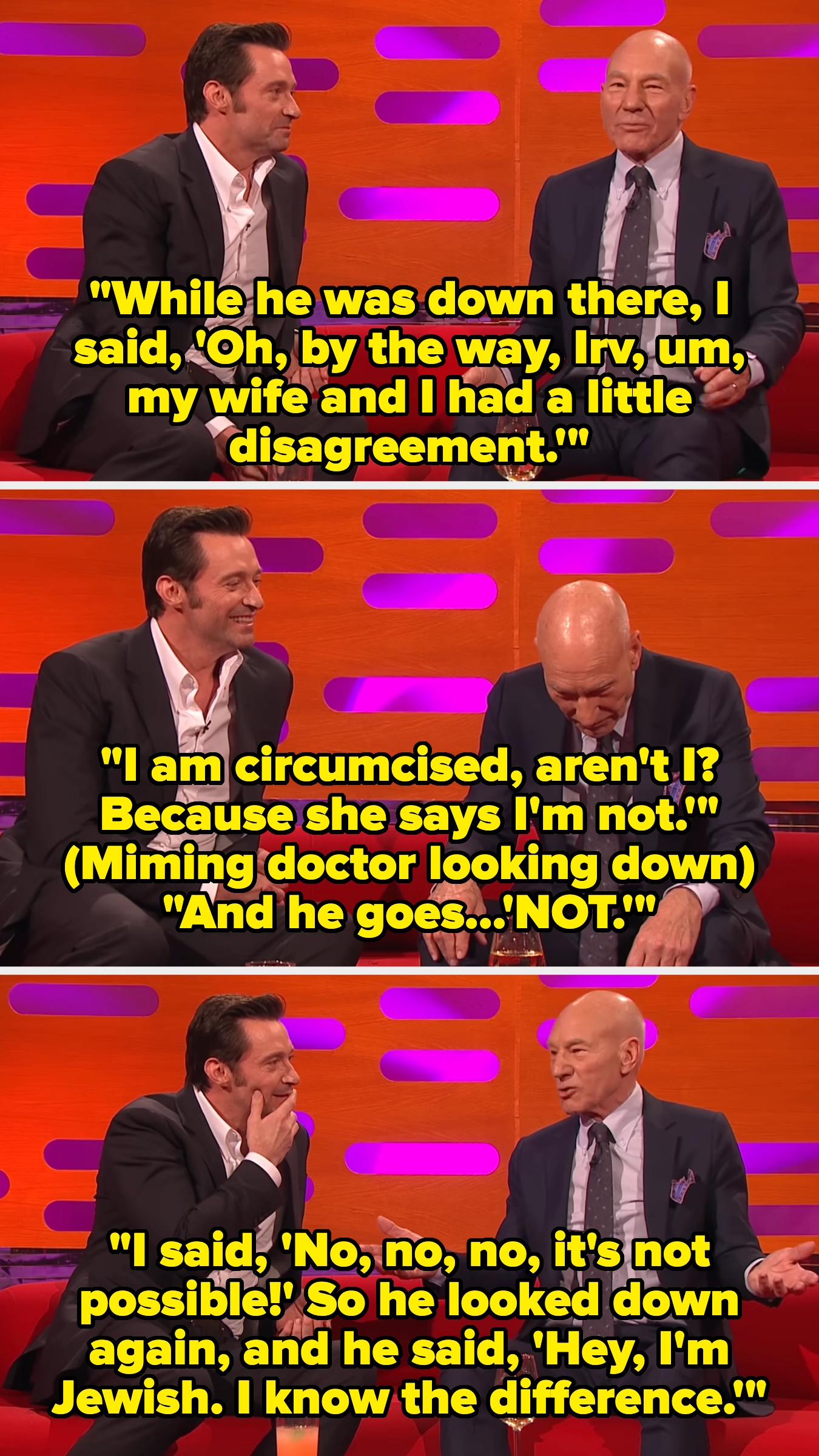 Three-panel comic of 2  men connected  a speech   show. One describes a comedic disagreement with his woman  astir  circumcision, humorously resolved