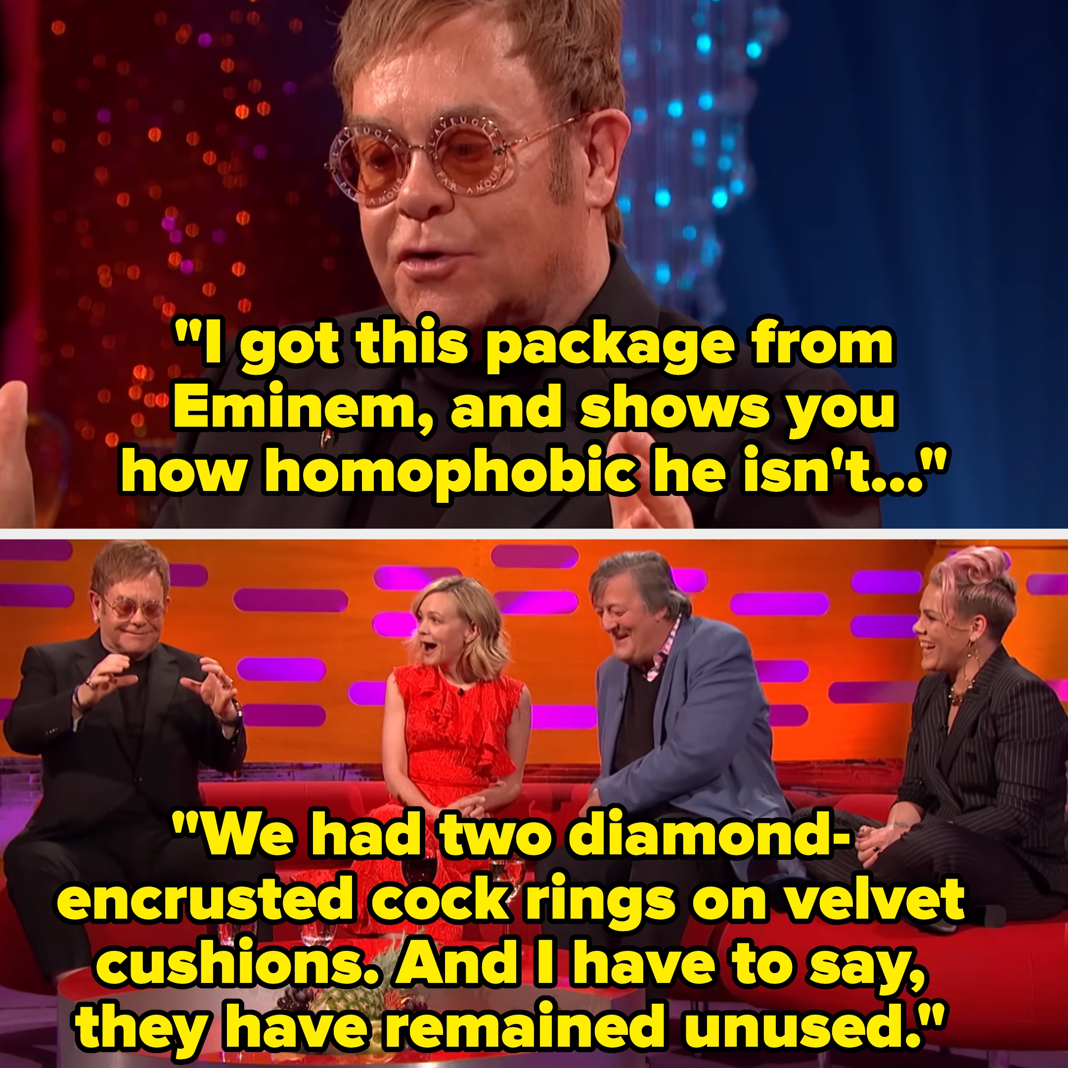  a gag  astir  receiving diamond-encrusted gifts from Eminem, humorously addressing homophobia