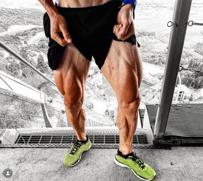 Person showcasing muscular legs portion    lasting  connected  an outdoor staircase, wearing diversion  shorts and sneakers