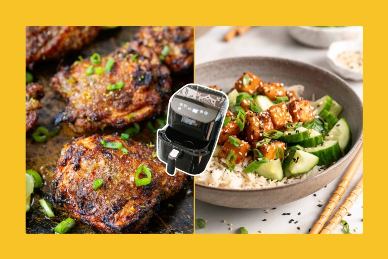 Air fryer with a split image: spicy fried chicken thighs on the left, sesame tofu and cucumber rice bowl on the right