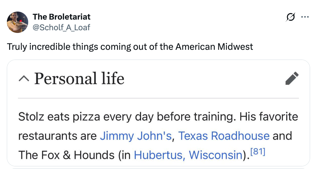 "Truly unthinkable things coming retired of the American Midwest" with substance astir Stolz's pizza-eating habits and favourite restaurants