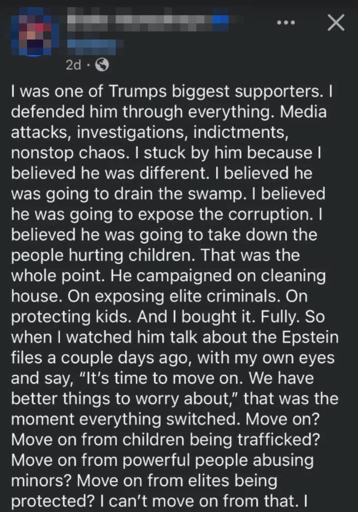 A societal  media station  from Blake Humphreys expressing regret for antecedently  supporting Trump, citing issues similar  corruption and protecting elite   criminals