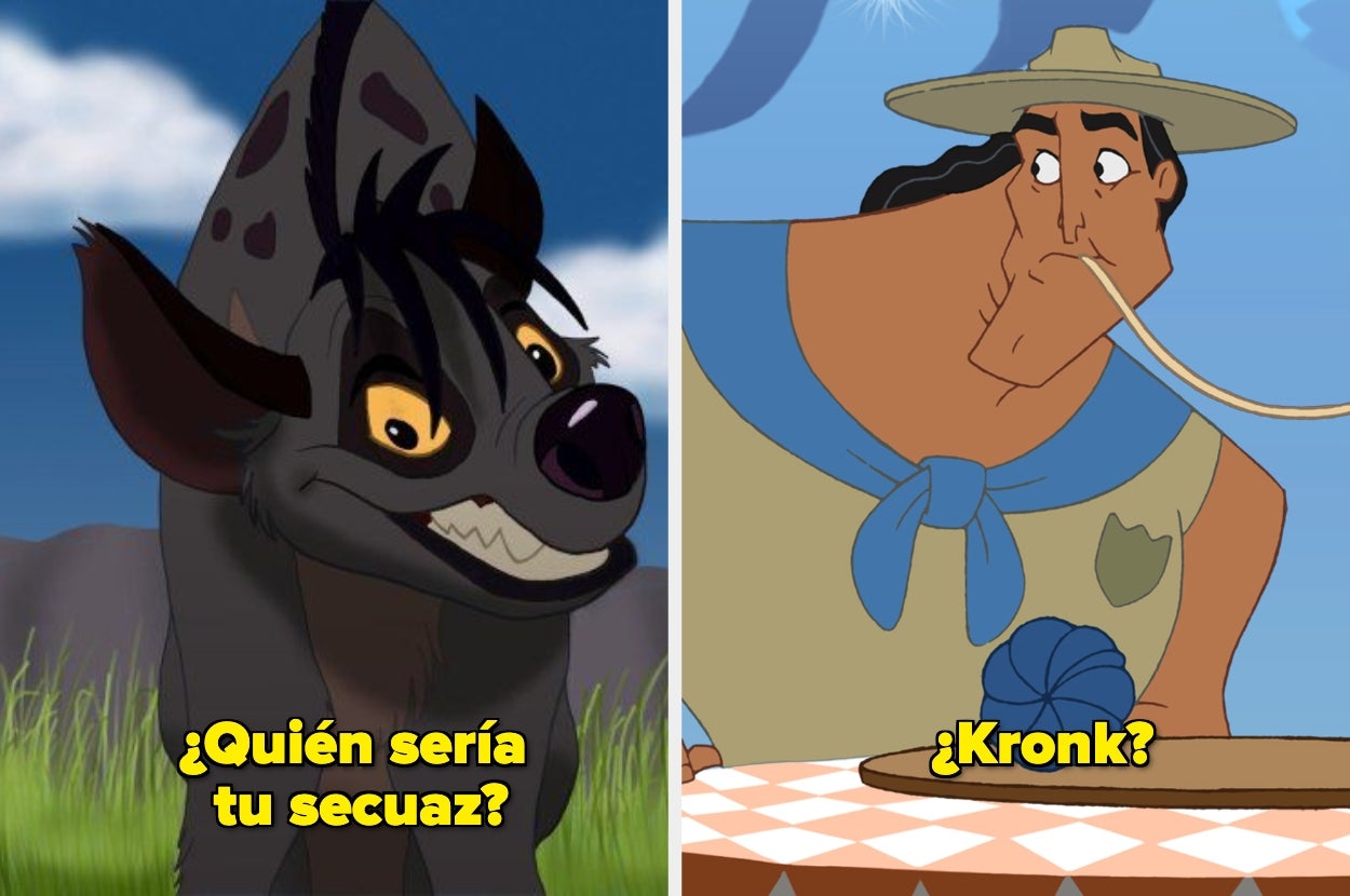 Imagen dividida: a la izquierda, una hiena sonriente con el texto "¿Quién sería tu secuaz?"; a la derecha, un personaje con sombrero masticando, con el texto "¿Kronk?"