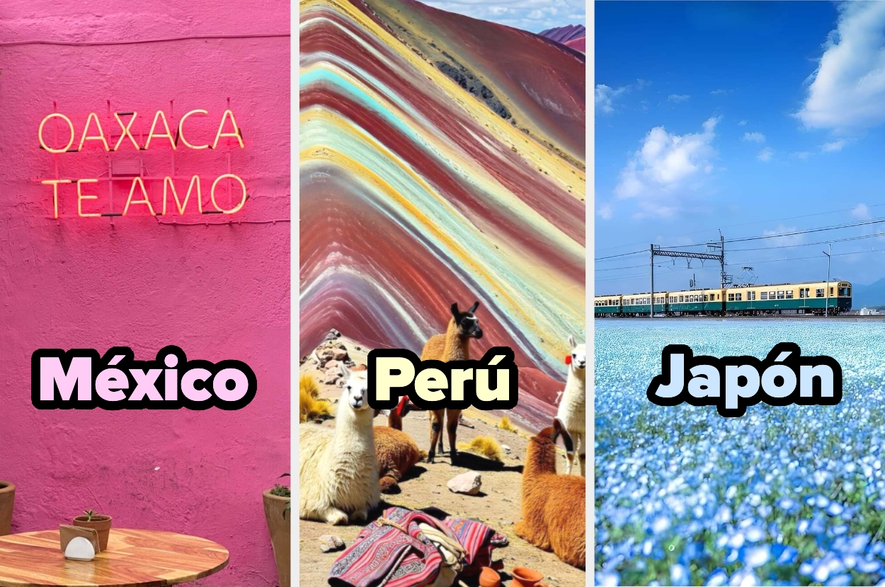 Letrero "Oaxaca te amo" en México, llamas con montaña de colores en Perú, y tren pasando por campo de flores en Japón