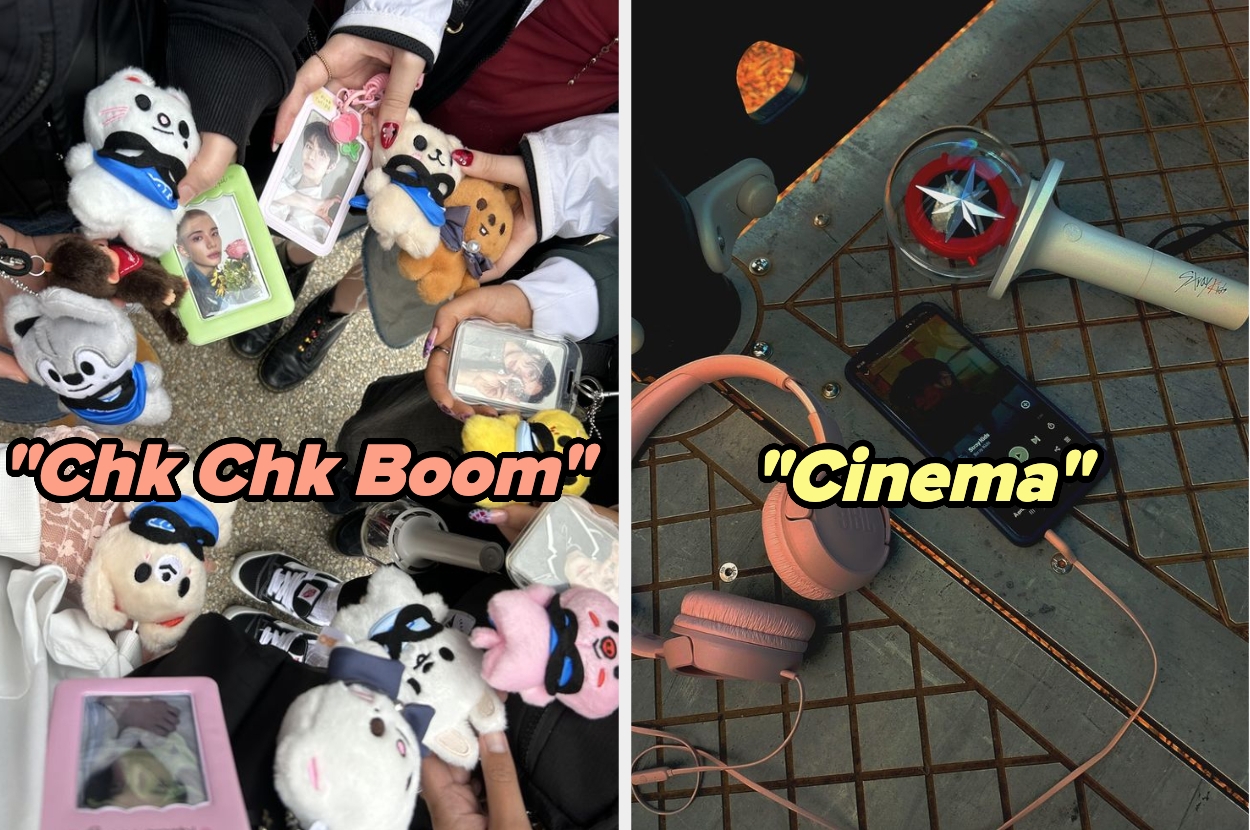 Varias personas sostienen peluches y teléfonos en una imagen, mientras que en otra hay audífonos y un teléfono junto a una bebida. Frases: "Chk Chk Boom", "Cinema"