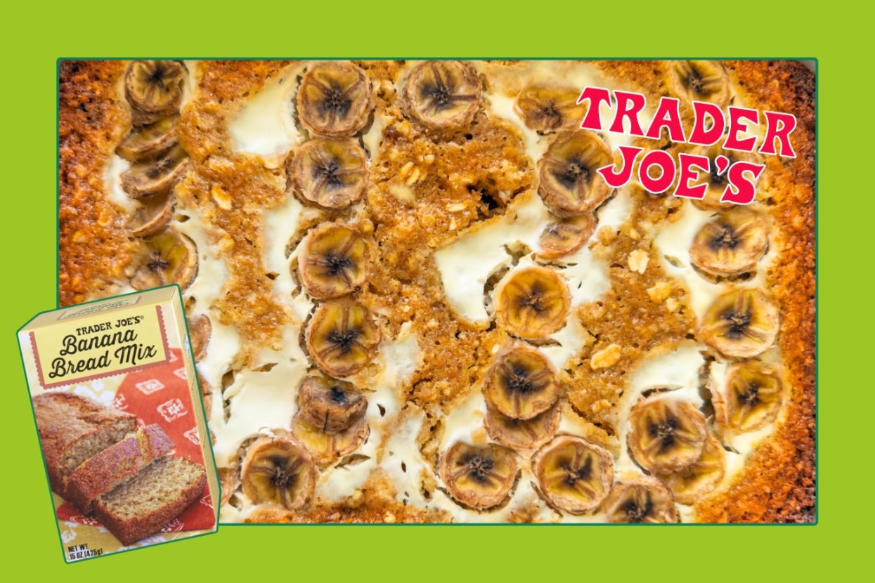 Trader Joe's banana bread with sliced bananas on top. Box of Trader Joe's Banana Bread Mix shown