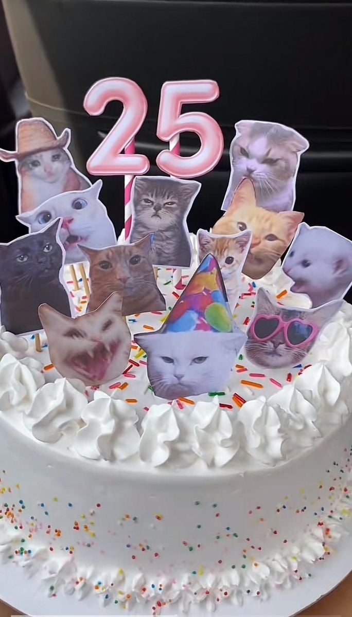 Pastel decorado con fotos de gatos y velas que forman el número 25. Los gatos llevan accesorios festivos como sombreros y gafas