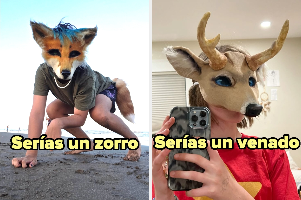 Dos personas con máscaras animales. Izquierda: máscara de zorro en la playa. Derecha: máscara de venado en un espacio interior. Texto: "Serías un zorro" y "Serías un venado"