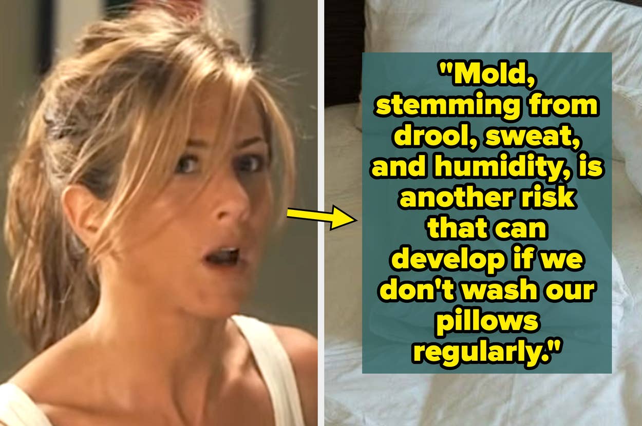 Person looking surprised next to text about mold risks from unwashed pillows, emphasizing the importance of regular cleaning