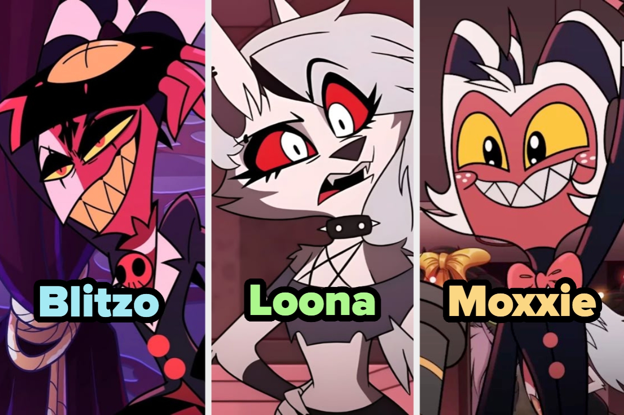 Tres personajes animados de "Helluva Boss": Blitzo con sombrero, Loona con un collar negro, y Moxxie con corbata, todos con expresiones variadas