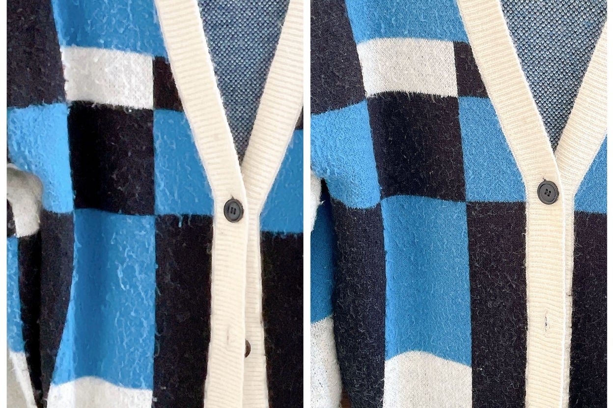 毛玉除去前と後のカーディガンがハンガーに掛けられている