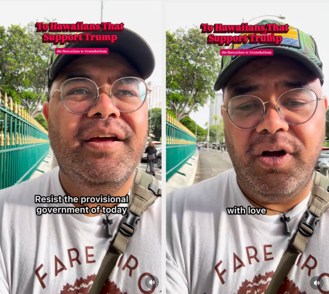 Mann i et uformelt antrekk snakker utendørs med teksten: 